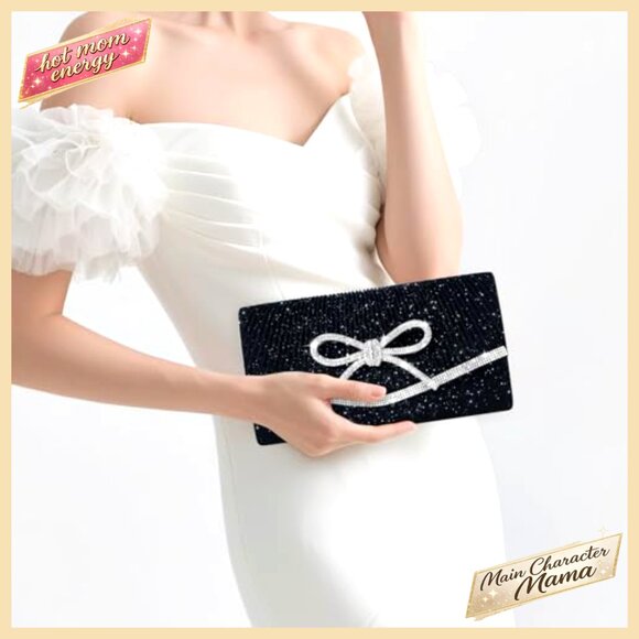 Sparkly Rhinestone Bow Evening Clutch with Detachable Chain Strap - Picture 7 of 7